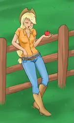 Size: 575x950 | Tagged: applejack, artist:marikaefer, derpibooru import, eyes closed, fence, humanized, obligatory apple, safe, solo