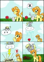 Size: 2481x3506 | Tagged: safe, artist:ciriliko, derpibooru import, carrot top, derpy hooves, golden harvest, pegasus, pony, cloud, cloudy, comic, creeper, female, flower, high res, lightning, mare, mario, rain, super mario bros.