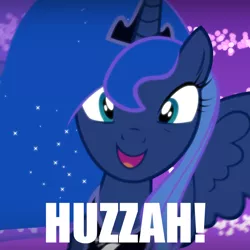 Size: 900x900 | Tagged: safe, derpibooru import, edit, edited screencap, screencap, princess luna, alicorn, pony, luna eclipsed, animation error, caption, female, happy, huzzah, image macro, mare, nightmare night, reaction image, solo, text