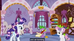 Size: 920x512 | Tagged: safe, derpibooru import, edit, edited screencap, screencap, rarity, spike, sweetie belle, dragon, pony, unicorn, caption, female, filly, letter, male, mare, quill, youtube caption