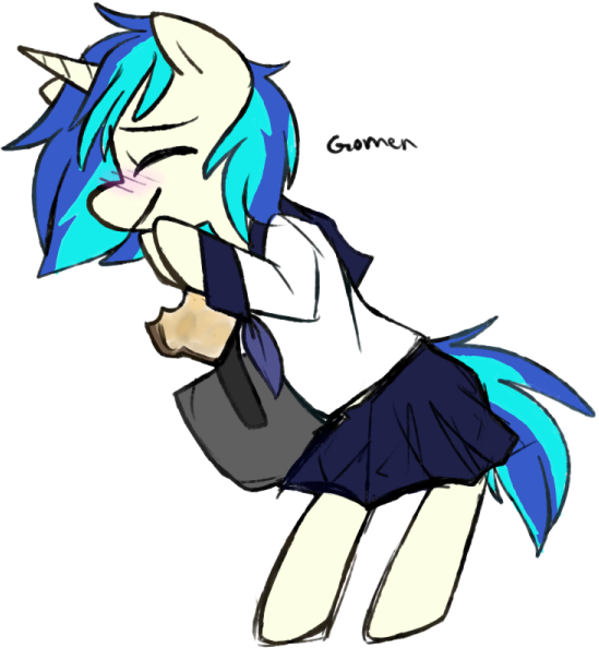 Size: 549x594 | Tagged: safe, artist:ghost, derpibooru import, vinyl scratch, pony, bipedal, clothes, japanese, school uniform, schoolgirl, schoolgirl toast, toast