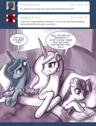 Size: 650x855 | Tagged: artist:johnjoseco, ask, ask princess molestia, bed, comic, derpibooru import, game, gamer luna, princess celestia, princess luna, princess molestia, safe, tumblr, twilight sparkle