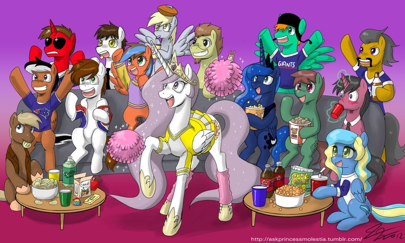 Size: 1280x768 | Tagged: safe, artist:johnjoseco, derpibooru import, derpy hooves, princess celestia, princess luna, rainbow dash, oc, oc:binary cloud, oc:broadcaster, oc:clair, oc:d-pad, oc:detective leads, oc:gold rush, oc:odyssey eurobeat, oc:overhall, oc:professor venture, oc:rocketeer, oc:spark firebrand, oc:tidal wave, pegasus, pony, ask princess molestia, princess molestia, american football, blob, cheerleader, chubbie, eurobeat brony, female, group, mare, odyssey eurobeat, slugbox