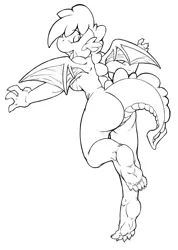 Size: 1280x1798 | Tagged: barefoot, breasts, dead source, derpibooru import, dragon, dragonified, feet, female, looking back, monochrome, oc, oc:dragon dip, raised tail, solo, solo female, suggestive, tail, unofficial characters only