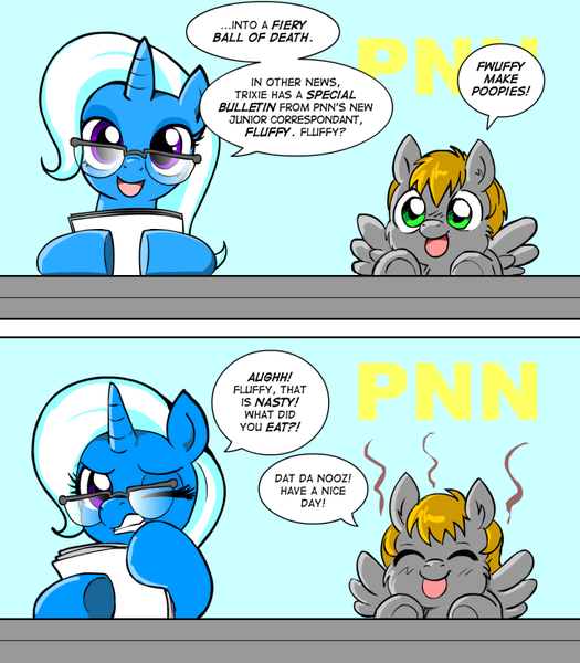 Size: 700x800 | Tagged: safe, artist:marcusmaximus, derpibooru import, trixie, fluffy pony, pony, comic, fart, fluffy pony original art, news, pnn, poop