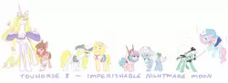 Size: 1856x680 | Tagged: safe, artist:modern-warmare, derpibooru import, ponified, alicorn, bat pony, earth pony, pony, unicorn, alice margatroid, annoyed, eyes closed, floppy ears, glare, grumpy, hakurei reimu, imperishable night, izayoi sakuya, kirisame marisa, konpaku youmu, mouth hold, open mouth, raised eyebrow, raised hoof, remilia scarlet, saigyouji yuyuko, smiling, spread wings, sword, touhou, weapon, yakumo yukari