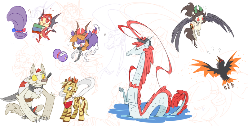 Size: 1280x650 | Tagged: safe, artist:modern-warmare, derpibooru import, ponified, buffalo, diamond dog, goat, pegasus, pony, sea serpent, zebra, baby dragon, diamond dogified, dragonified, drunk, goatified, ibuki suika, inubashiri momiji, kamishirasawa keine, koakuma, nagae iku, patchouli knowledge, reiuji utsuho, species swap, toramaru shou, touhou, yatagarasu, zebrafied