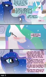 Size: 900x1512 | Tagged: artist:anonymous, bath, blushing, comic, comic:stay with me sister, crying, derpibooru import, female, frown, glare, incest, lesbian, looking back, princess celestia, princess luna, princest, sad, shipping, spa, steam, suggestive, water, wet