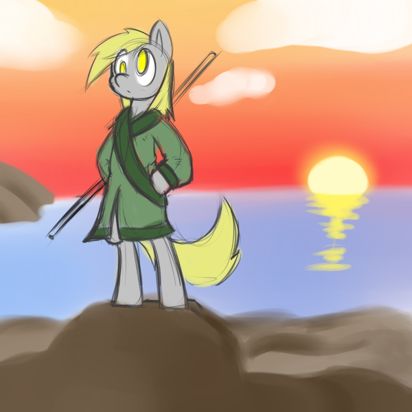 Size: 650x650 | Tagged: safe, artist:serendipity-kitty, derpibooru import, derpy hooves, pony, bipedal, clothes, robe, sunset