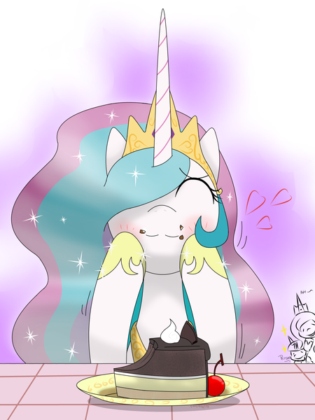 Size: 1050x1400 | Tagged: safe, artist:hoyeechun, derpibooru import, princess celestia, princess luna, twilight sparkle, alicorn, pony, cake, cakelestia, female, mare, solo focus