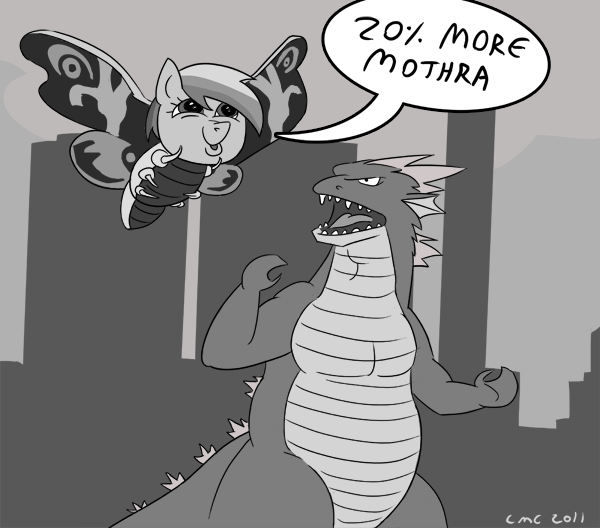 Size: 600x528 | Tagged: artist:blade-zulah, derpibooru import, godzilla, godzilla (series), kaiju, kaijufied, mothra, parody, rainbow dash, rainbow mothra, safe, spike, spikezilla