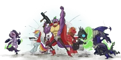 Size: 1024x512 | Tagged: artist:stupjam, big macintosh, changeling, demoman, derpibooru import, fight, heavy weapons guy, mann vs machine, older, parody, pyro, rainbow dash, safe, scout, soldier, spike, team fortress 2, zebra, zecora