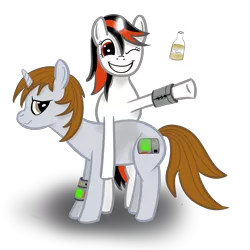 Size: 2000x2000 | Tagged: safe, artist:datanassi, derpibooru import, oc, oc:blackjack, oc:littlepip, unofficial characters only, pony, unicorn, fallout equestria, fallout equestria: project horizons, fanfic, bottle, fanfic art, female, high res, magic, mare, one eye closed, pipbuck, wink