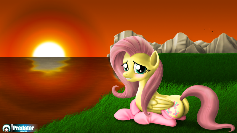 Size: 1920x1080 | Tagged: artist:tsaritsaluna, clothes, derpibooru import, flutterbutt, fluttershy, plot, safe, socks, sunset, wallpaper