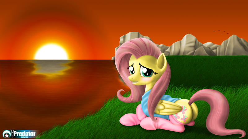 Size: 1920x1080 | Tagged: adorasexy, artist:tsaritsaluna, bottomless, clothes, cute, derpibooru import, flutterbutt, fluttershy, partial nudity, plot, safe, sexy, socks, sunset, sweater, sweatershy, wallpaper