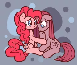 Size: 690x576 | Tagged: artist:fyrebeam, crying, derpibooru import, duality, hug, pinkamena diane pie, pinkie pie, safe