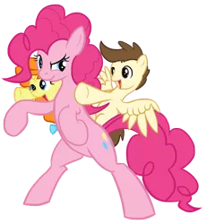 Size: 882x955 | Tagged: safe, artist:muggyheatwave, derpibooru import, pinkie pie, pound cake, pumpkin cake, earth pony, pegasus, pony, unicorn, colt, female, filly, male, mare, older, older pound cake, older pumpkin cake, ponies riding ponies, rearing, simple background, transparent background