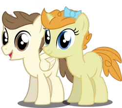 Size: 1024x915 | Tagged: safe, artist:macoron3, derpibooru import, pound cake, pumpkin cake, pegasus, pony, unicorn, bow, brother and sister, colt, dead eyes, double rainboom puppet, duo, female, filly, hair bow, male, older, older pound cake, older pumpkin cake, simple background, transparent background