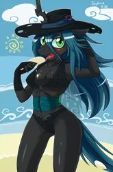 Size: 847x1280 | Tagged: suggestive, artist:skykain, derpibooru import, queen chrysalis, anthro, zerg, armpits, beach, bikini, breasts, busty queen chrysalis, clothes, female, hat, ice cream, solo, solo female, swimsuit