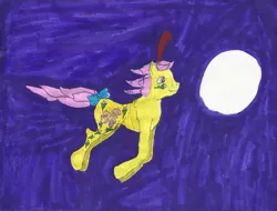 Size: 977x744 | Tagged: safe, artist:zeldatheswordsman, derpibooru import, rosedust, flutter pony, flying, g1, moon, night