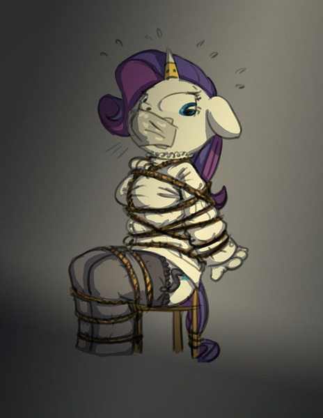 Size: 557x720 | Tagged: questionable, artist:carnifex, derpibooru import, rarity, anthro, unicorn, bondage, breast bondage, breasts, chair, clothes, female, floppy ears, gag, horn ring, looking back, magic suppression, rope, shibari, solo, solo female, stockings, tape, tape gag, tied up