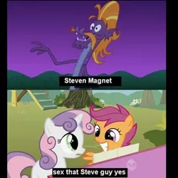 Size: 300x300 | Tagged: artifact, brony history, derpibooru import, edit, edited screencap, ei, friendship is magic, grin, hub logo, scootaloo, scootasteve, screencap, smiling, steven magnet, suggestive, sweetie belle, the implications are horrible, the show stoppers, youtube caption