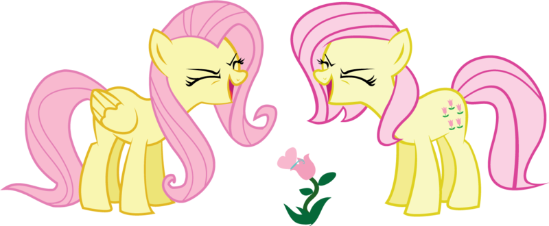 Size: 1328x548 | Tagged: safe, artist:alisonwonderland1951, derpibooru import, fluttershy, posey, earth pony, pegasus, pony, duo, eyes closed, female, flower, flutteryay, g1, g1 to g4, g4, generation leap, mare, yay