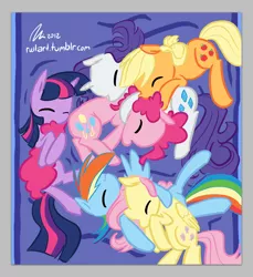 Size: 1210x1320 | Tagged: applejack, artist:rwl, bed, cuddle puddle, cuddling, cute, daaaaaaaaaaaw, derpibooru import, eyes closed, fluttershy, hug, mane six, omniship, on back, pinkie pie, pony pile, rainbow dash, rarity, safe, side, sleeping, sleep pile, snuggling, tail pillow, twilight sparkle