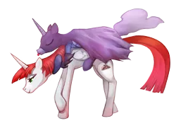 Size: 2306x1668 | Tagged: safe, artist:electrixocket, derpibooru import, princess luna, oc, oc:fausticorn, batman, costume, lauren faust, ponies riding ponies, simple background, tongue out