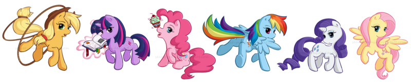 Size: 2398x482 | Tagged: applejack, artist:secret-pony, book, cupcake, derpibooru import, fluttershy, lasso, magic, mane six, pinkie pie, rainbow dash, rarity, safe, twilight sparkle