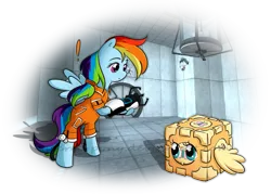 Size: 1049x750 | Tagged: artist:secret-pony, chell, companion cube, crossover, derpibooru import, fluttercube, fluttershy, parody, portal (valve), rainbow dash, safe, the implications are horrible, what has science done