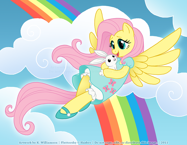 Size: 800x619 | Tagged: angel bunny, artist:patchwerk-kw, clothes, cloud, cloudy, derpibooru import, dress, fluttershy, flying, happy, mary janes, rainbow, safe