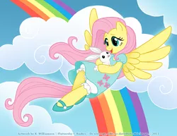 Size: 800x619 | Tagged: angel bunny, artist:patchwerk-kw, clothes, cloud, cloudy, derpibooru import, dress, fluttershy, flying, happy, mary janes, rainbow, safe