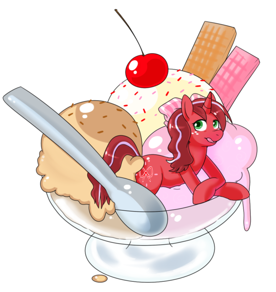 Size: 990x1048 | Tagged: safe, artist:redintravenous, derpibooru import, oc, oc:red ribbon, unofficial characters only, pony, unicorn, female, food, ice cream, mare, micro