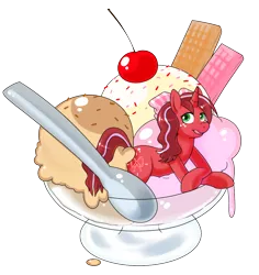 Size: 990x1048 | Tagged: safe, artist:redintravenous, derpibooru import, oc, oc:red ribbon, unofficial characters only, pony, unicorn, female, food, ice cream, mare, micro