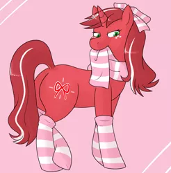 Size: 1006x1022 | Tagged: safe, artist:redintravenous, derpibooru import, oc, oc:red ribbon, unofficial characters only, pony, unicorn, clothes, female, looking at you, plot, scarf, socks, solo, striped socks