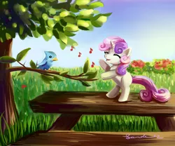 Size: 1500x1246 | Tagged: safe, artist:incinerater, derpibooru import, sweetie belle, bird, pony, unicorn, bipedal, cute, diasweetes, eyes closed, music notes, open mouth, singing, smiling, solo, table, tree