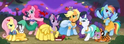 Size: 1329x480 | Tagged: angel bunny, apple, applejack, ariel, artist:patchwerk-kw, belle, cinderella, clothes, costume, crab, crossover, derpibooru import, disney, dress, fluttershy, food, jasmine, mane seven, midriff, mouse, parody, pinkie pie, pocahontas, rainbow dash, rajah, rarity, safe, seashell, snow white, spike, squaw dash, twilight sparkle