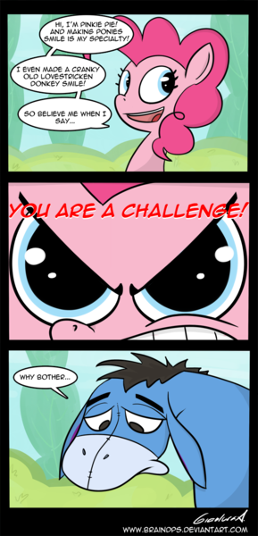 Size: 650x1350 | Tagged: >:), artist:braindps, comic, crossover, derpibooru import, eeyore, floppy ears, gritted teeth, pinkie pie, safe, serious, serious face, winnie the pooh