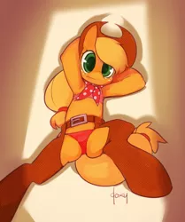 Size: 836x1000 | Tagged: suggestive, artist:doxy, derpibooru import, applejack, pony, armpits, bandana, chaps, clothes, cowboy hat, female, hat, hooves behind head, looking at you, mare, on back, panties, red underwear, solo, solo female, underwear