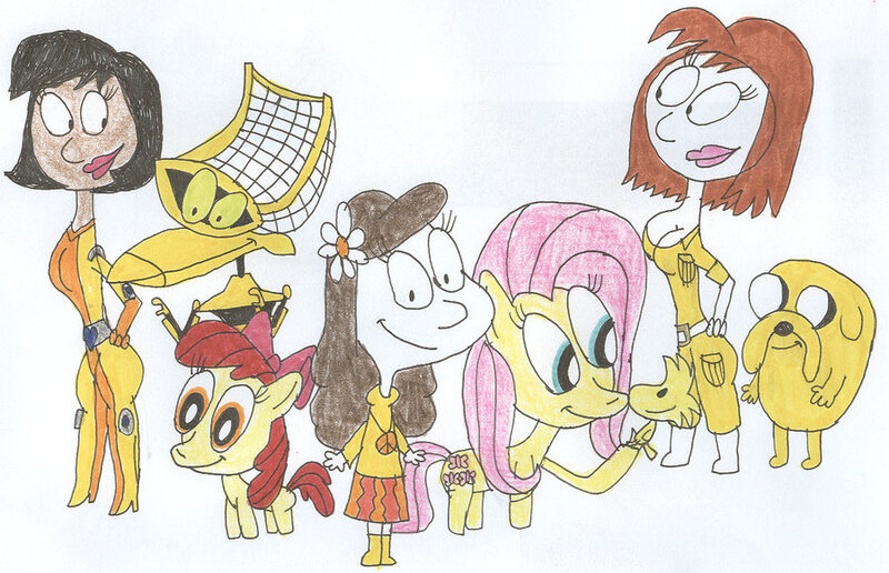 Size: 900x581 | Tagged: adventure time, alex (totally spies), apple bloom, april o'neil, artist:sithvampiremaster27, crossover, crow t robot, derpibooru import, fluttershy, jake the dog, jenny brown, mystery science theater 3000, peanuts, phineas and ferb, safe, teenage mutant ninja turtles, totally spies, woodstock (peanuts)