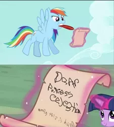 Size: 500x552 | Tagged: comic, derpibooru import, duo, edit, edited screencap, mare do well, mouth drawing, mouth hold, pen, quill, quill pen, rainbow dash, safe, screencap, scroll, the mysterious mare do well, twilight sparkle