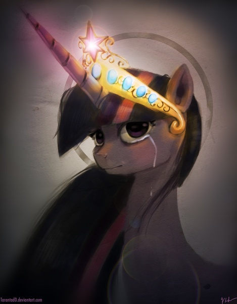 Size: 1800x2304 | Tagged: safe, artist:tarantad0, derpibooru import, princess twilight 2.0, twilight sparkle, twilight sparkle (alicorn), alicorn, pony, big crown thingy, bust, crown, crying, element of magic, halo, lens flare, looking at you, profile, solo, tiara