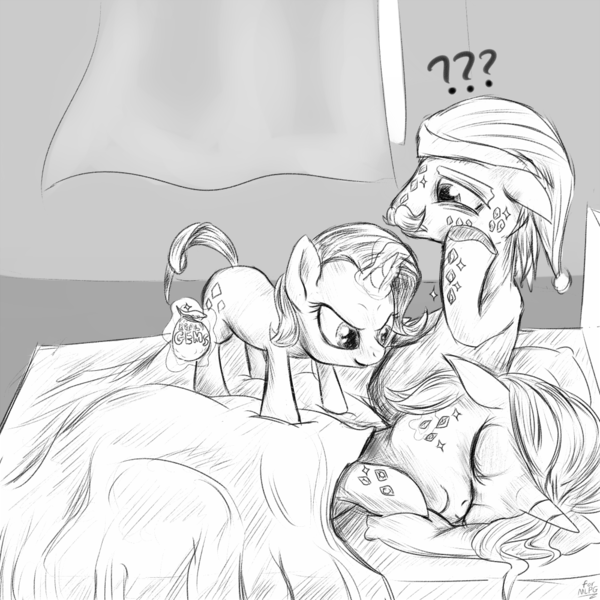 Size: 1000x1000 | Tagged: artist:mlpanon, bed, bedazzled, cookie crumbles, cookieflanks, cute, derpibooru import, filly, hondo flanks, monochrome, prank, rarity, safe, sleeping, younger