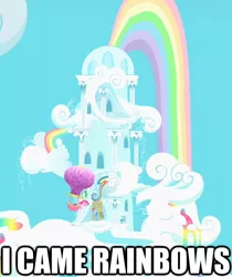 Size: 456x542 | Tagged: balloon, derpibooru import, hot air balloon, i came, image macro, implied orgasm, pinkie pie, rainbow, rainbow dash, rainbow dash's house, suggestive, twinkling balloon