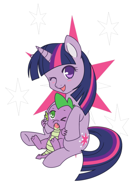 Size: 550x750 | Tagged: safe, artist:assechan, derpibooru import, spike, twilight sparkle, unicorn, cute, cutie mark background, duo, hug, mama twilight, open mouth, simple background, spikabetes, transparent background, twiabetes, unicorn twilight, wink