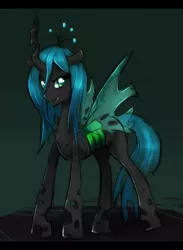 Size: 1100x1500 | Tagged: artist:leimy, artist:spchlss, changeling, changeling queen, derpibooru import, fangs, female, frown, looking at you, queen chrysalis, safe, smiling, solo, source needed, standing, wings