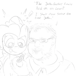 Size: 1000x1000 | Tagged: artist:bloss, derpibooru import, jaffa cake, monochrome, pinkie pie, safe, simon lane, yogscast