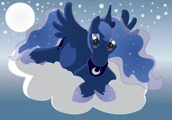 Size: 15000x10528 | Tagged: safe, artist:xniclord789x, derpibooru import, princess luna, alicorn, pony, absurd resolution, blushing, cloud, cutie mark, female, full moon, hooves, horn, jewelry, looking at you, lying on a cloud, mare, moon, night, night sky, on a cloud, pregnant, regalia, sky, smiling, solo, spread wings, tiara, wings