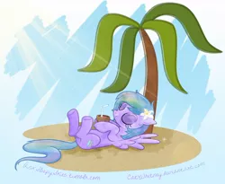 Size: 990x811 | Tagged: dead source, safe, artist:catwhitney, derpibooru import, oc, oc:sleepy skies, unofficial characters only, pegasus, pony, coconut cup, crepuscular rays, drink, flower, flower in hair, on back, palm tree, solo, tree